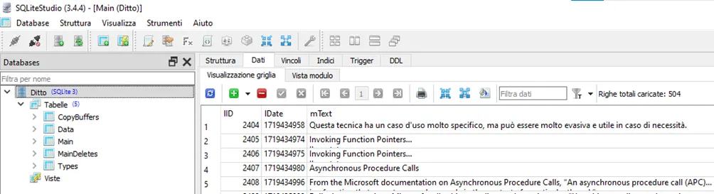 Ditto.db opened in SQLiteStudio, showing the clipboard history