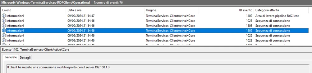 Event ID 1102 for an outgoing RDP connection to 192.168.1.3