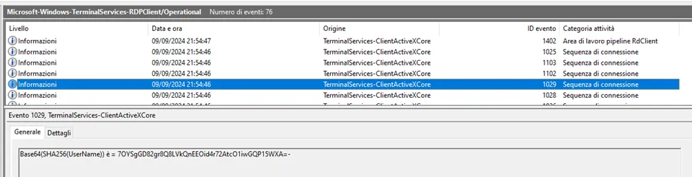Event ID 1029 containing Base64(SHA256(UserName)) for the RDP session