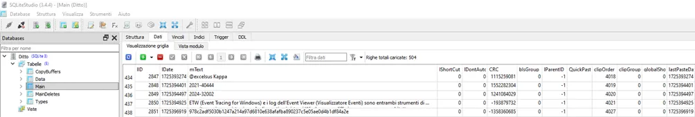 The Main table of Ditto.db in SQLiteStudio, with copied text (mText) and timestamps (lDate)