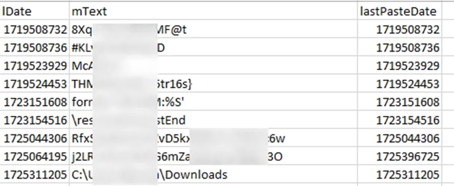 Clipboard entries matching the password regex, with their timestamps (partially blurred)
