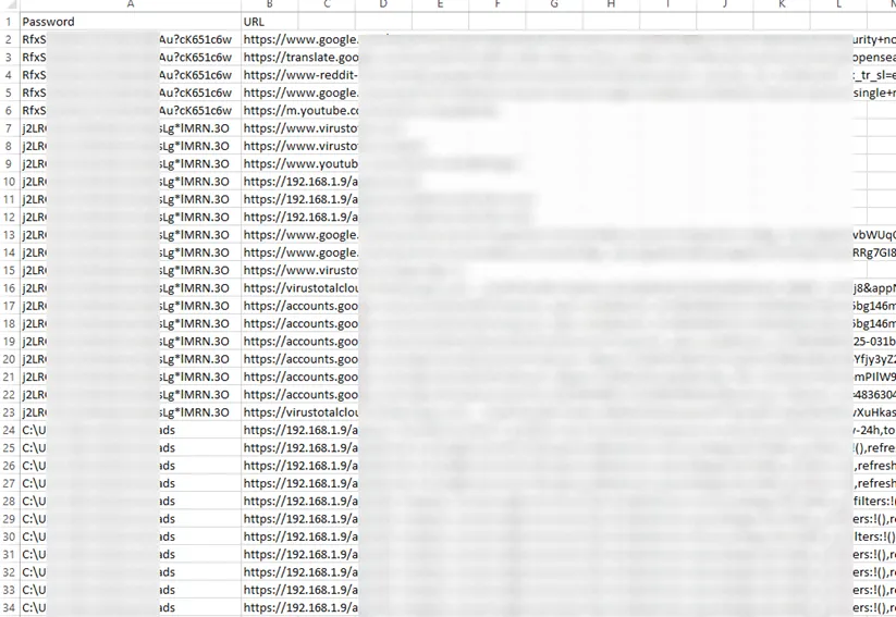 Correlation output: copied passwords matched to the URLs visited within 15 seconds
