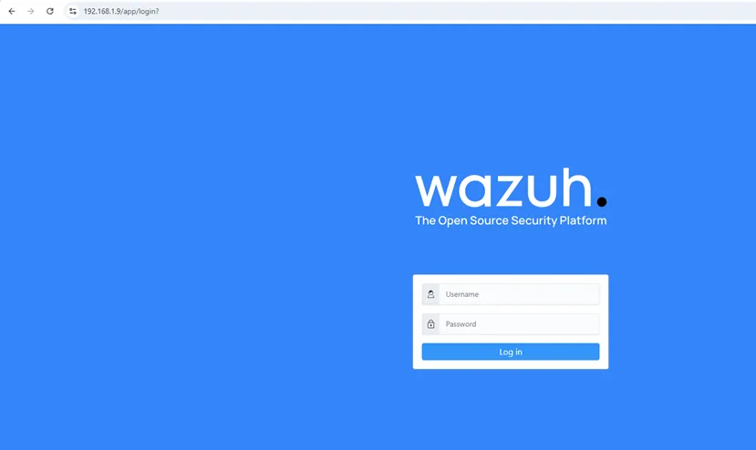 Wazuh login page at 192.168.1.9