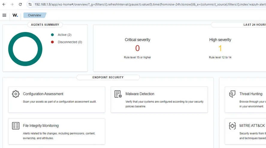 Wazuh dashboard after logging in with the recovered password